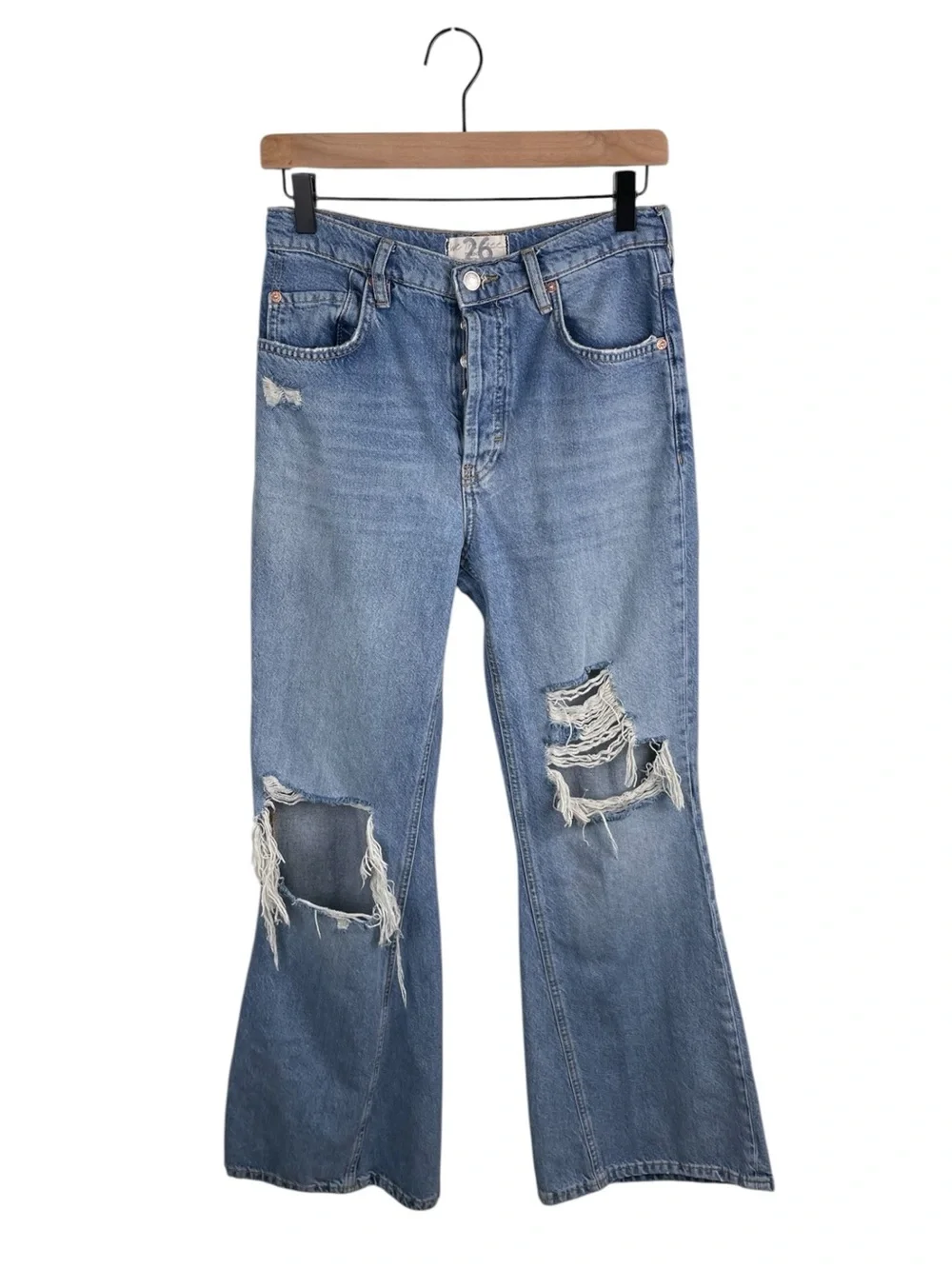 Free People New Dawn Flare Jeans Size 26 Distressed Denim Cotton We the Free